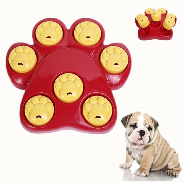 Red paw puzzle slow feeder bowl with yellow smile inserts