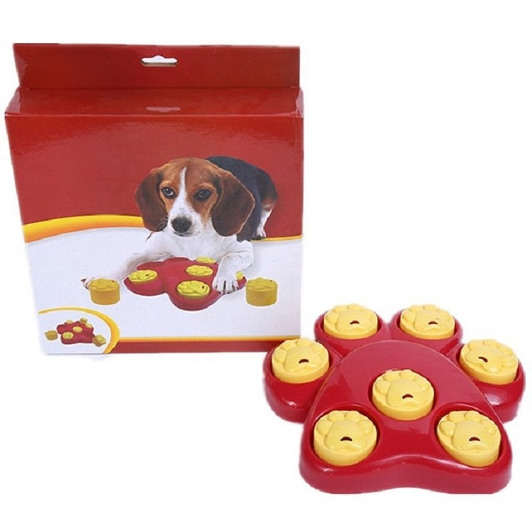 Pet slow feeder bowl set in red box with paw-shaped puzzle bowl and yellow pieces