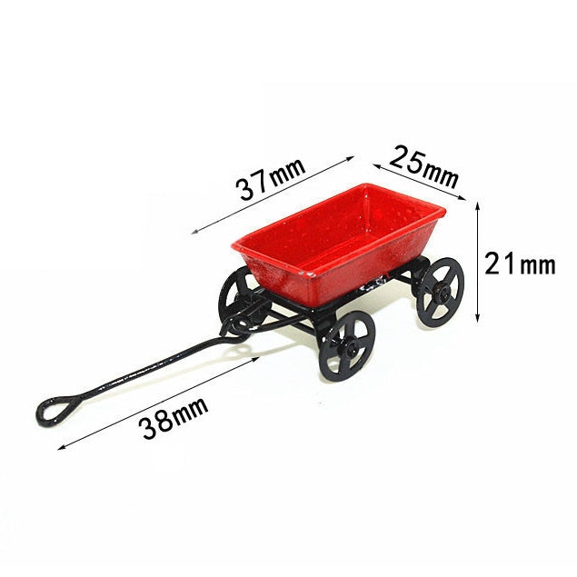 Mini red metal tray cart with four wheels and extended pull handle