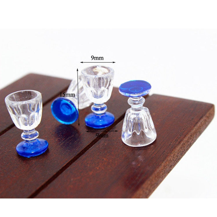 Mini transparent goblet glasses with blue bases, size markings