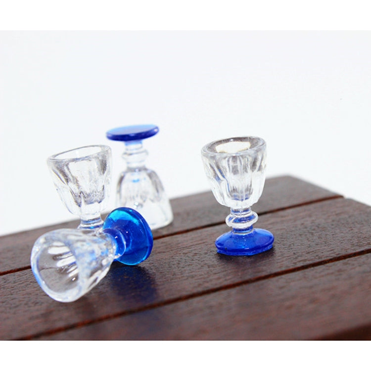 Mini transparent goblet glasses with blue bases, dollhouse table layout