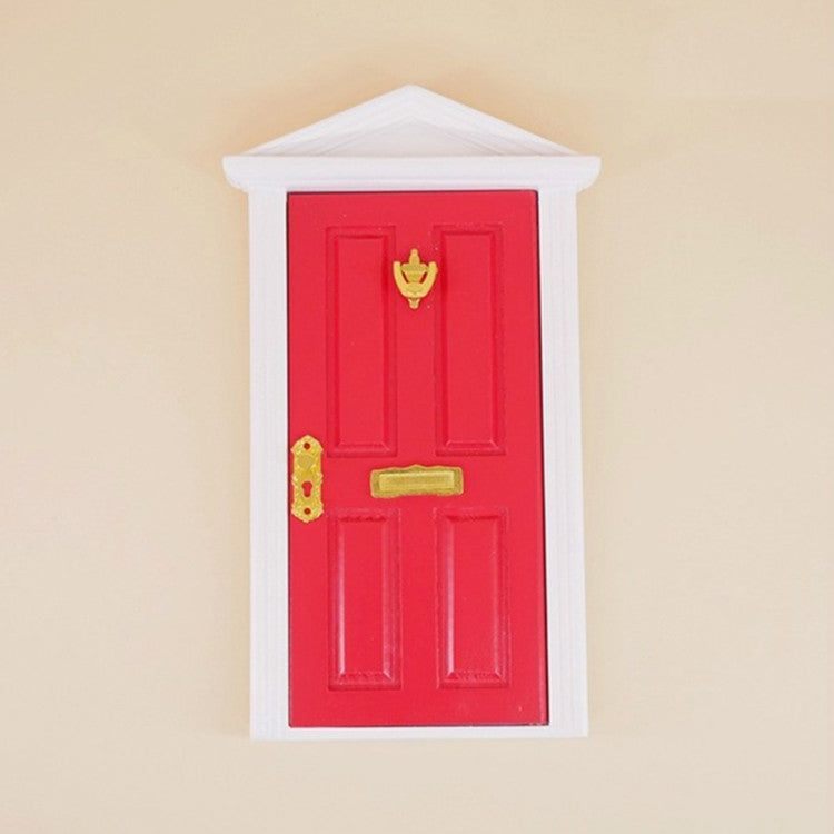 1:12 miniature fairy tale door, red with gold handle and latch, white frame