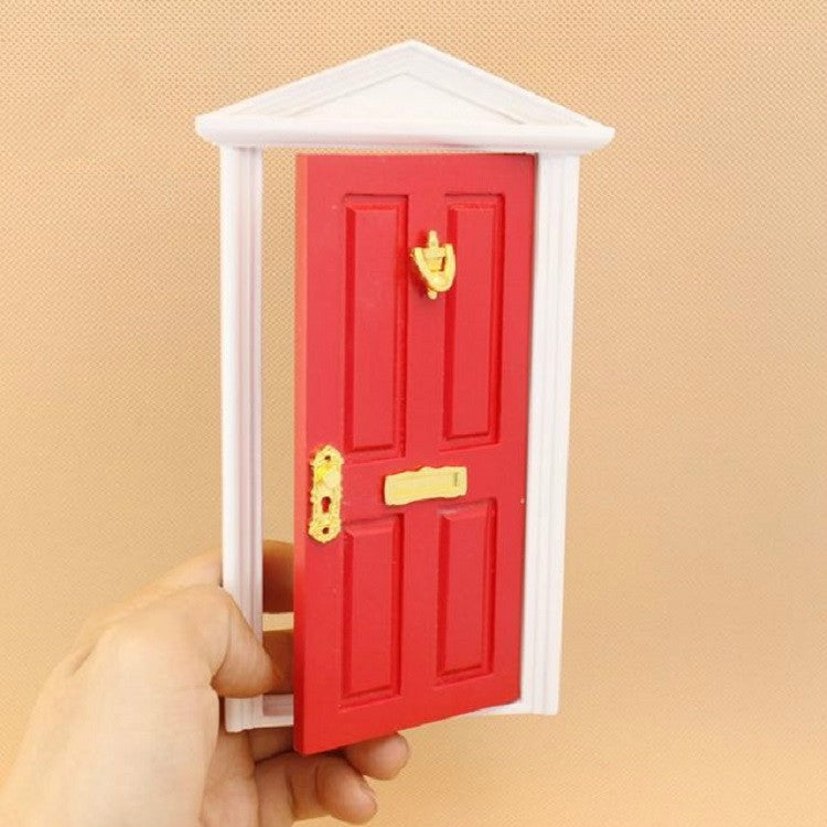 1:12 miniature fairy tale door, red with gold handle and latch, white frame