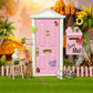 Miniature fairy tale door, pink with gold trim and butterfly decals, white frame