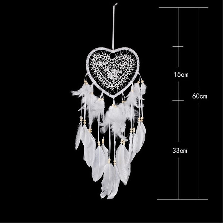 White heart dream catcher hanging ornament with lace web, feathers, and bead tassels
