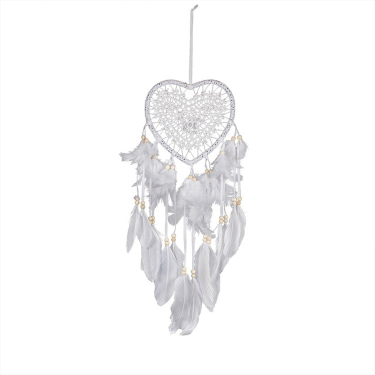 White heart dream catcher hanging ornament with lace web, feathers, and bead tassels