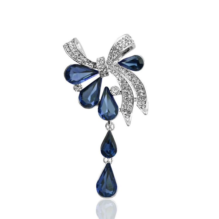 Blue teardrop butterfly knot brooch with rhinestone bow and dangling teardrop charms