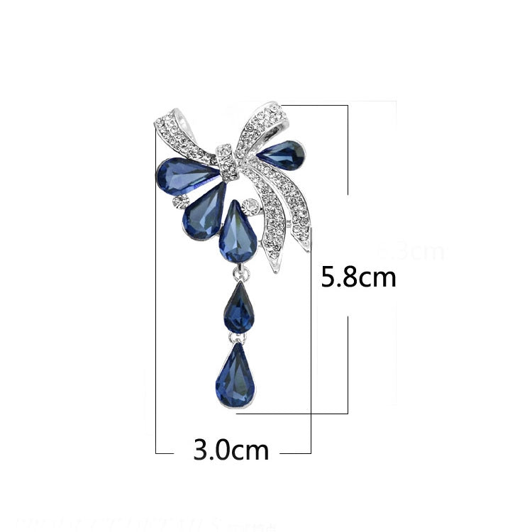 Blue butterfly knot rhinestone brooch with dangling teardrops, size 5.8cm