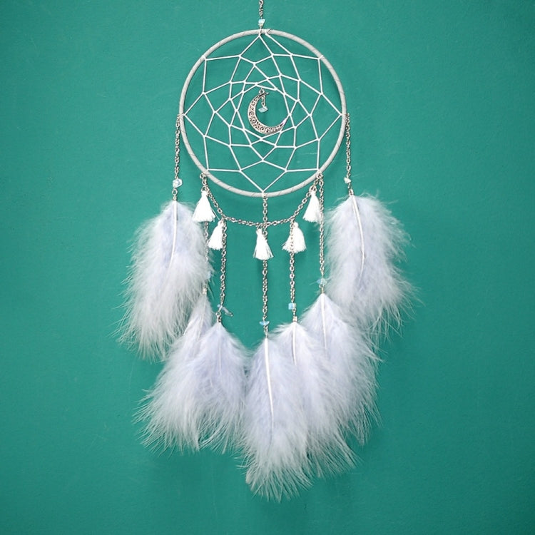 Green hoop dream catcher wall hanging with white feather fringe and dangling chains, no lights