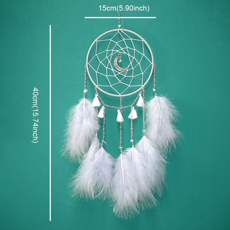 Green hoop dream catcher wall hanging with white feather fringe and dangling tassels, measured size shown