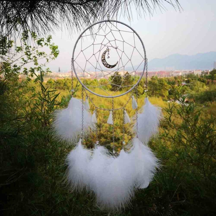 White feather dream catcher wall hanging with circular web hoop and dangling tassels