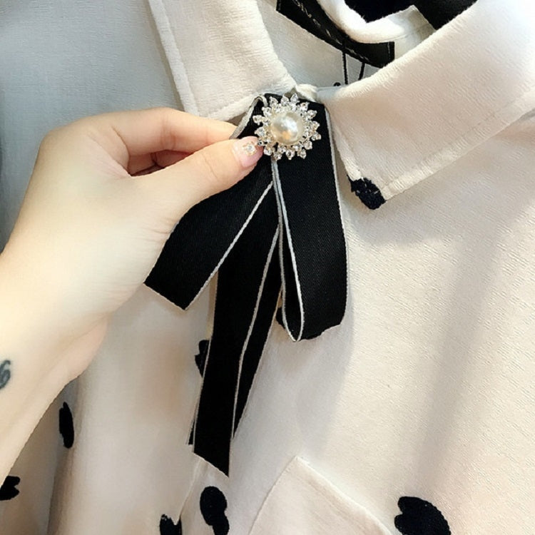 Black long bow-knot brooch with rhinestone faux pearl center and dangling ribbon strings