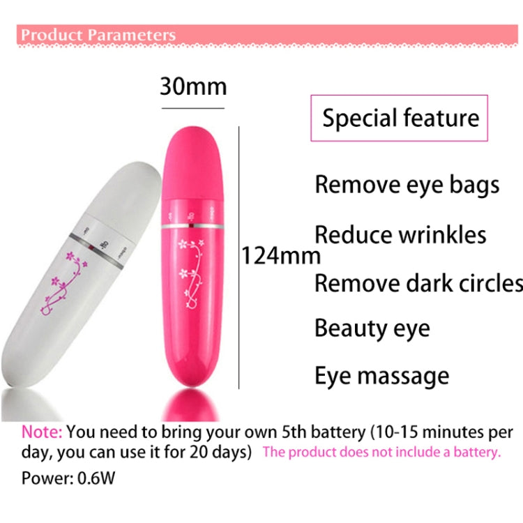 Mini electric eye massagers in pink and white with size and feature layout diagram