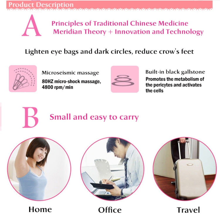 Pink mini electric eye massager features diagram with microshock and icon illustrations