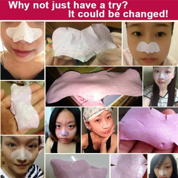 Multiple people using white nose strip masks in a before-and-after style collage