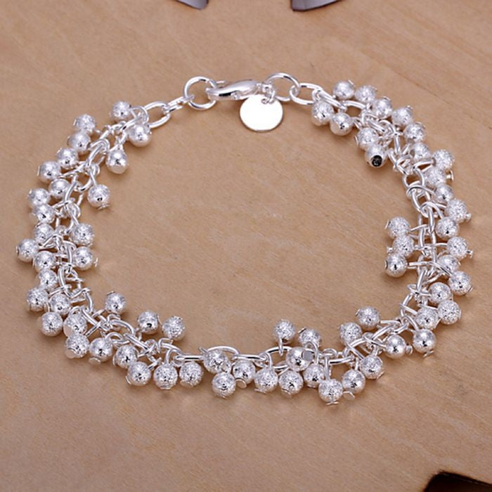 Silver-plated grape charm bracelet with lobster buckle, ball clusters, and 925 tag