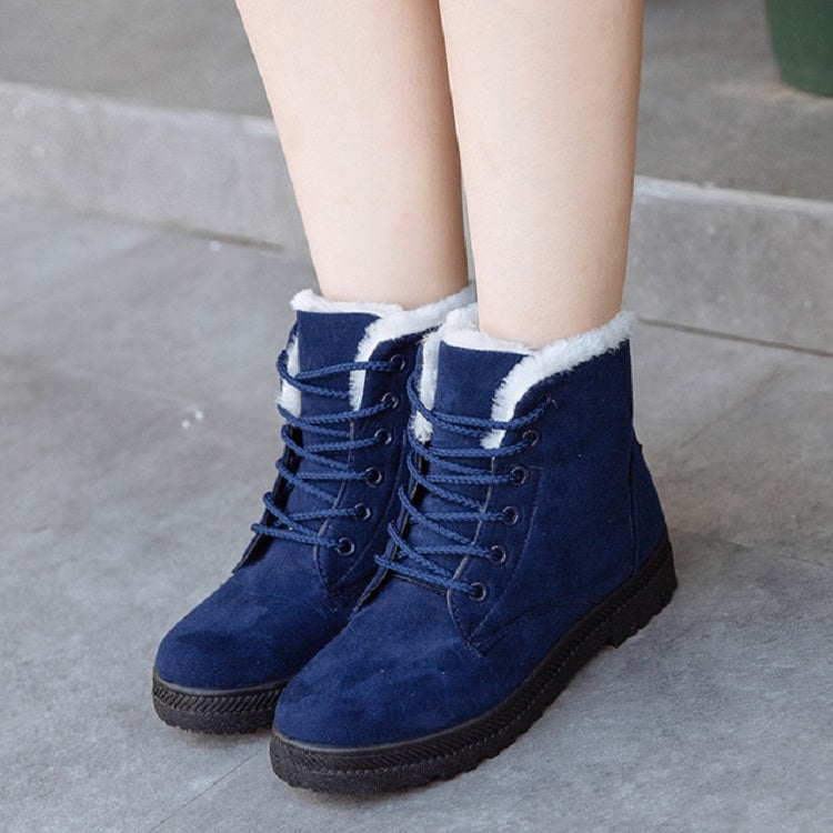 Ladies blue lace-up snow boots with white faux-fur lining and rubber sole