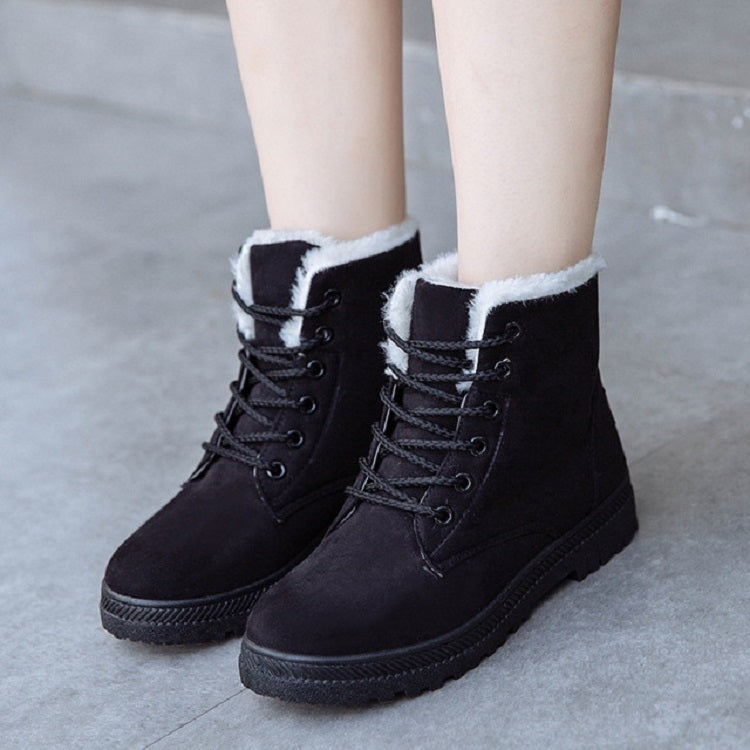 Ladies black ankle-high lace-up snow boots with white faux-fur collar and rubber sole