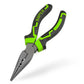 Long-nose pliers with green grips and dark steel jaws, angled tip for reaching tight spots