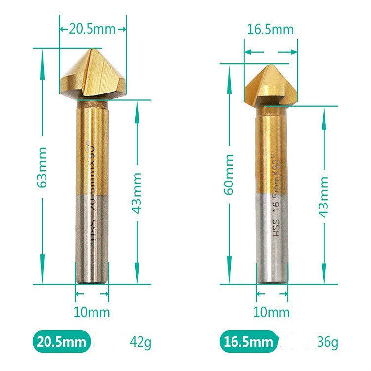 Chamfering cutter dimensions diagram for different 90-degree bit sizes
