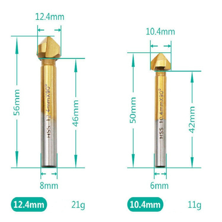Dimension chart for two chamfering cutter bits with gold faceted heads