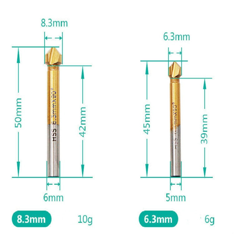Dimension chart for two chamfering cutter bits with measured head widths