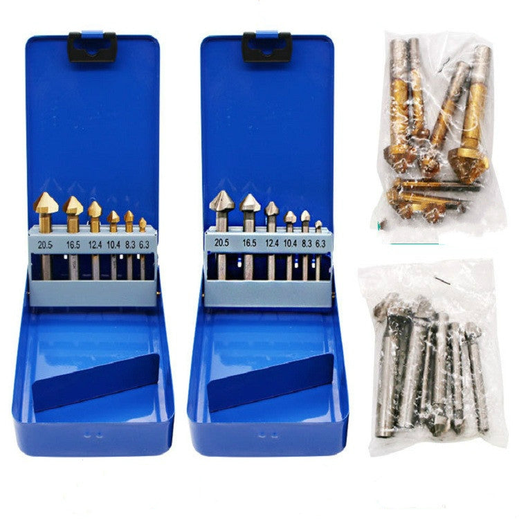 6-piece chamfering cutter set in a blue case with a plastic bag of extra bits