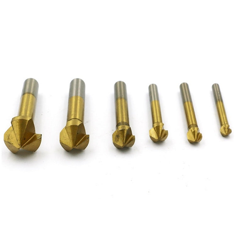 Chamfering cutter set with multiple gold-tipped bits and silver shanks, six pieces