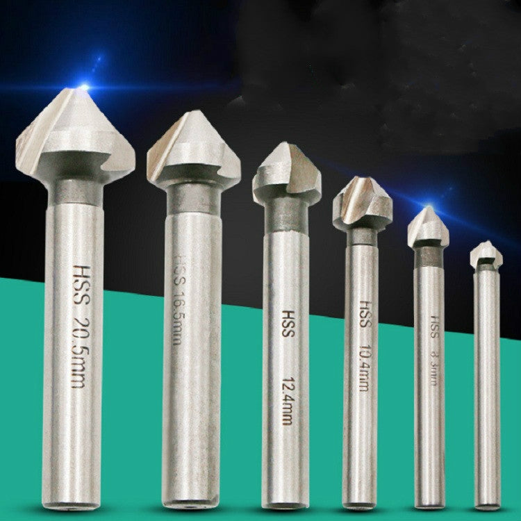 Chamfering cutter bits lineup with gold cutting heads and engraved silver shanks