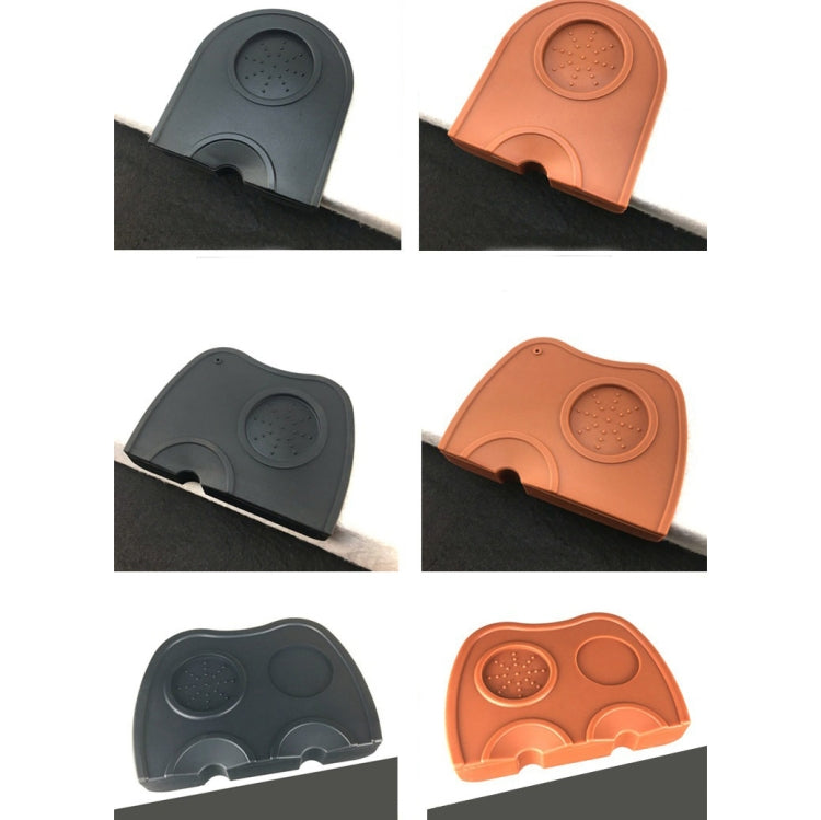 Corner coffee pads shown in dark gray/black and brown/orange with circular textured insert.