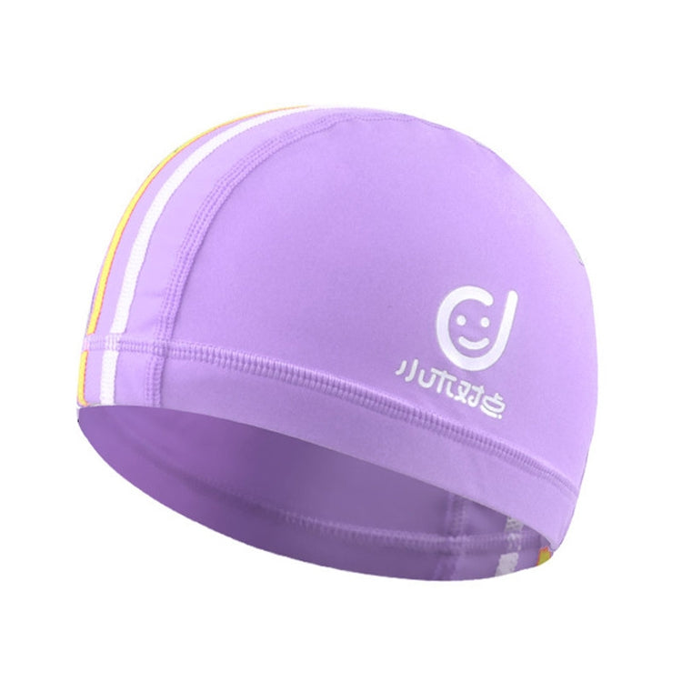 Kids' sun-protective swim cap in purple with white logo and rainbow stripe trim