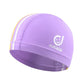 Kids' sun-protective swim cap in purple with white smile logo and rainbow accents