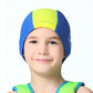 Kids' sun-protective swim cap in blue and neon yellow with white logo