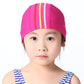 Kids' sun-protective swim cap in pink with multicolor vertical stripe panel and logo