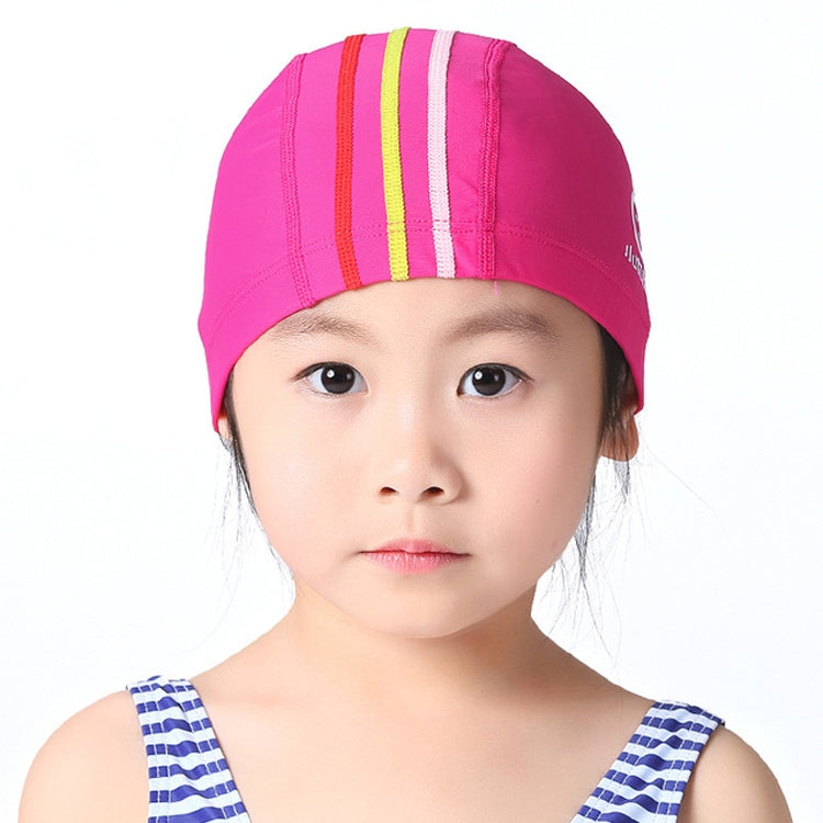 Kids' sun-protective swim cap in pink with multicolor vertical stripe panel and logo