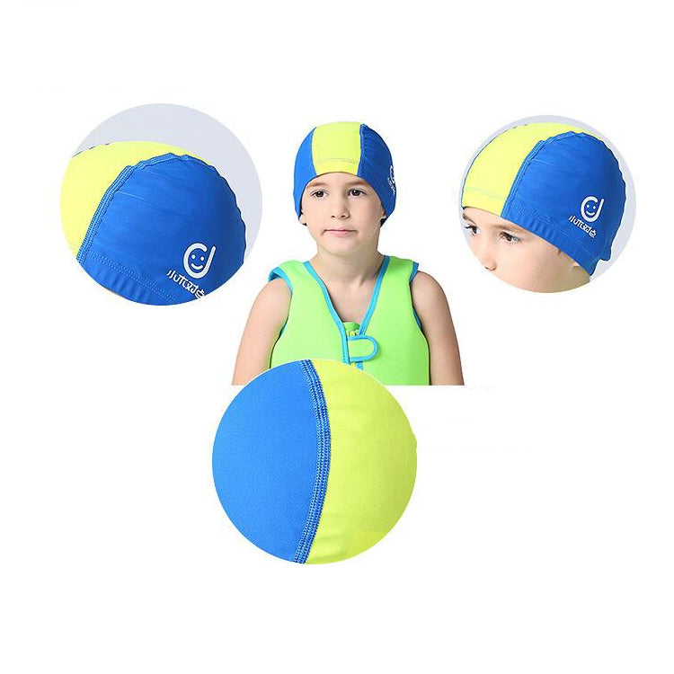 Kids' sun-protective swim cap in blue and yellow shown from multiple angles