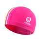 Kids' sun-protective swim cap in pink with white logo and rainbow stripe trim