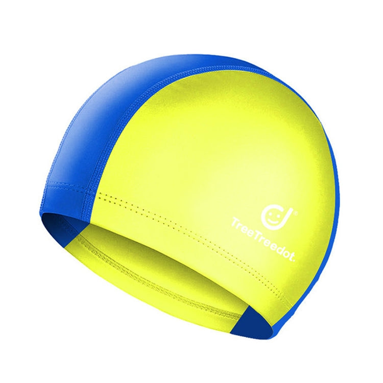 Kids' sun-protective swim cap in yellow with blue border and white logo