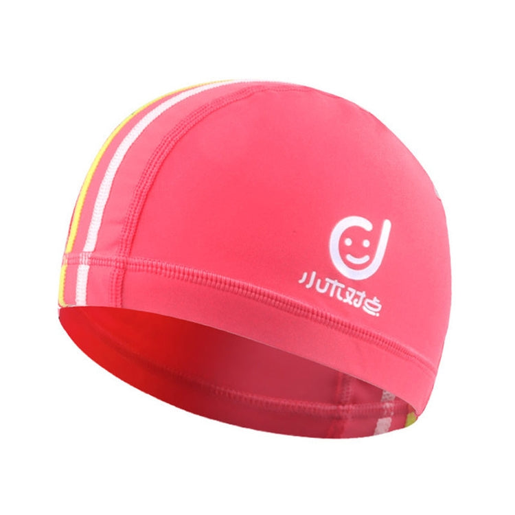 Kids' sun-protective swim cap in pink with white smile logo and rainbow stripe edge