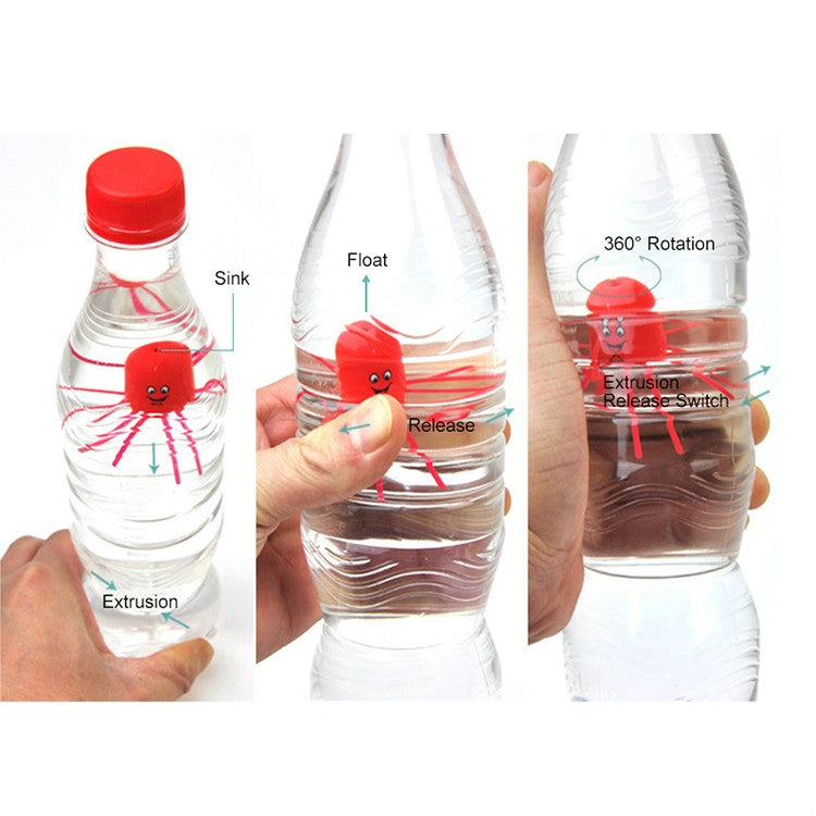 Red jellyfish toy inside a clear bottle, shown in three handling steps.