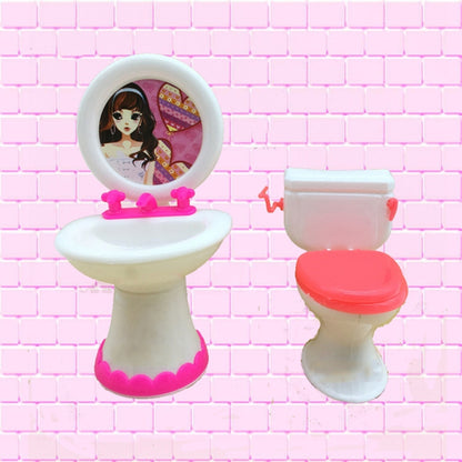 Dollhouse plastic wash basin and toilet set with pink lids