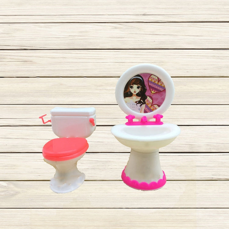 Dollhouse wash basin and toilet accessories with pink seat and handles