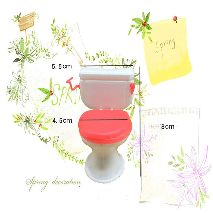 Dollhouse wash basin and toilet set with pink lids, dimensions shown