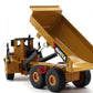 Tan alloy articulated dump truck toy with open bed angled upward and black wheels