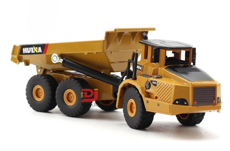 Tan alloy articulated dump truck toy with front grille, black cab, and raised bed