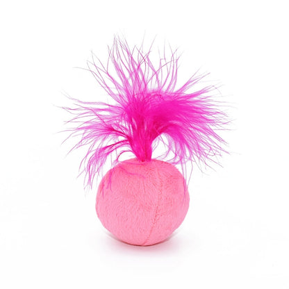 Pink plush bell cat teaser toy with fluffy feather pom