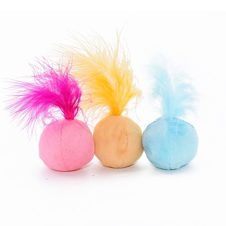 Plush feather cat teaser toy set with pink, orange, yellow, and blue pom