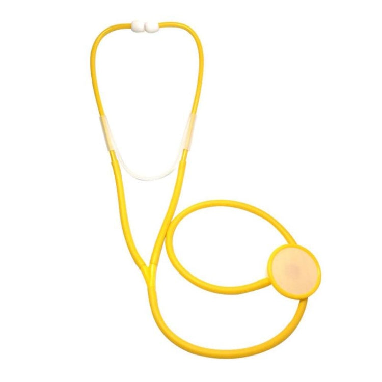 Yellow child role-play stethoscope toy with white earpieces and round chest piece