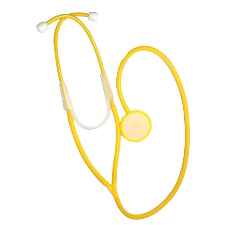 Yellow child role-play stethoscope toy with round chest diaphragm and curved tubing