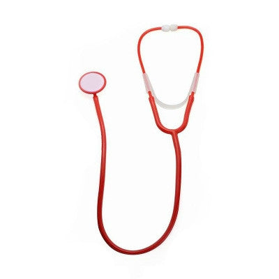 Red child role-play stethoscope toy with round chest piece and white earpieces